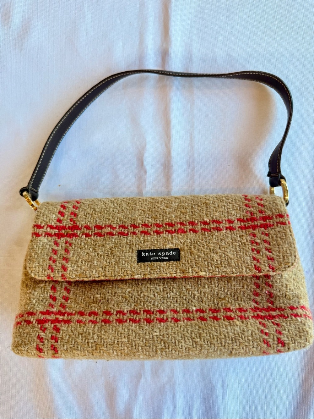 Vintage Kate Spade New York Wool Red Plaid Flap Shoulder Bag Dark Brown Leather